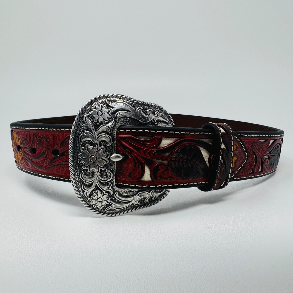 Nocona Belt Co N320003504 Leather Western Floral Tooled Belt Small Brown Red